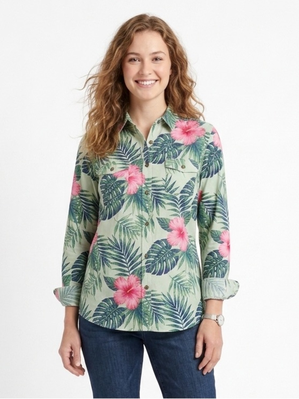 Tommy Bahama Mint Green Button-Down Shirt with Pink Floral Print Medium